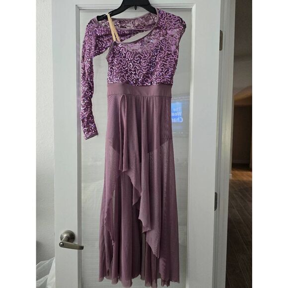 Girls Balera Dance Costume Long Purple Mauve Sequin Dress‎ Child Large - Picture 1 of 10